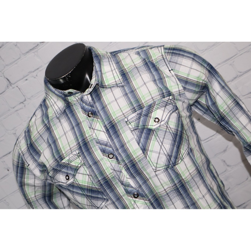 Skully Western Shirt Mens Medium Blue Green Plaid Button Snaps Pocket